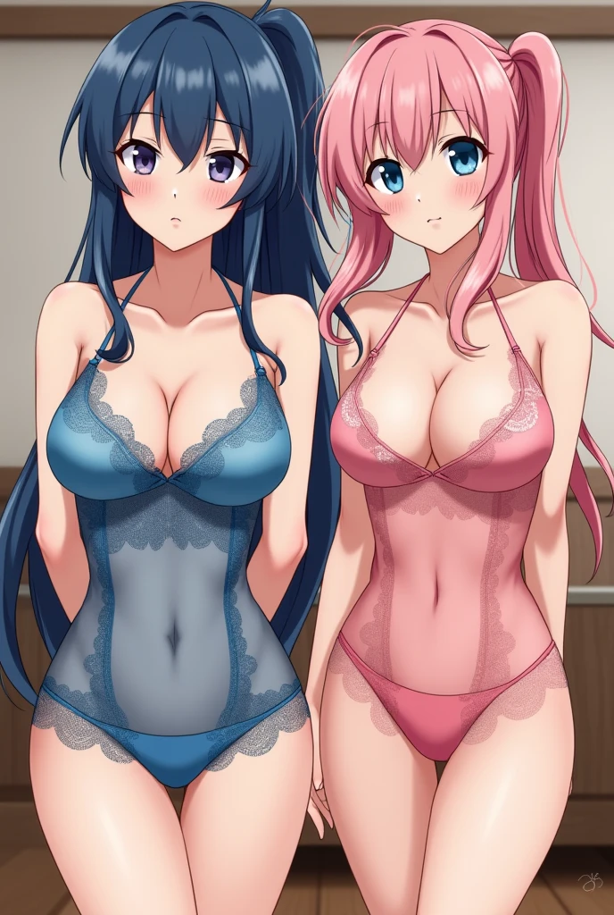 two japanese girls , one is blue hair another is pink hair, ((they cloth wearing Halter neck lace teddy with peek-a-boo cups one is blue base another is pink base:1.5)),18 years old , cute face ,cleavage between breasts,large breasts,cute face, ponytail ,wave hair,darkcyan eyes,room,masterpiece, extremely fine and beautiful,gravure,wet body,wet hair,embarrassed,upturned eyes,nsfw,Hourglass figure,(Swayback stance:1.5)