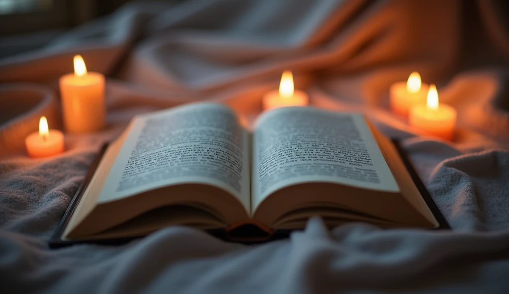 An image of an open book with passages highlighted, surrounded by lit candles. The atmosphere is soft and peaceful, with an atmosphere of contemplation and study. The colors are soft and bright.