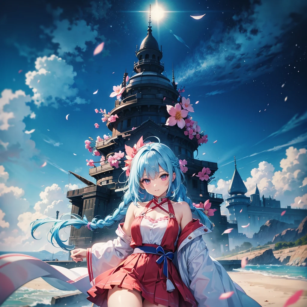 (Sky blue hair),(Braided hair), (Pink Eyes),Fair skin) ,(whole body),(one person's),(Santa Claus clothes),(Christmas tree),(A world of silver),(masterpiece, Highest quality, Very detailed, Best Shadow), (Detailed Background), (Beautifully detailed face), High Contrast, (Best lighting, Very delicate and beautiful), ((Cinematic Light)), Hyper Detail,8k, Dramatic Light, Intricate details,night,