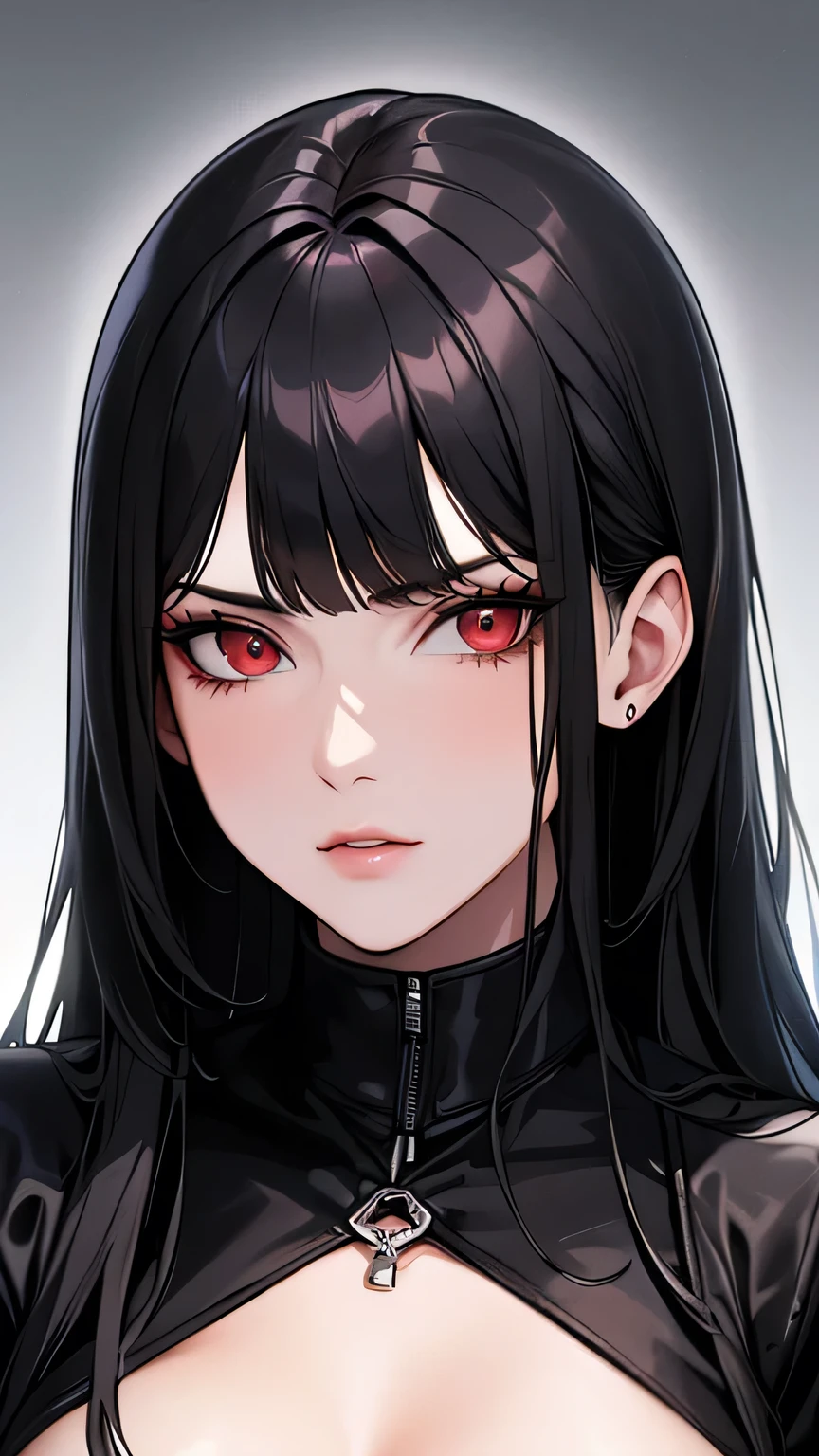 ((Highest quality)), Ultra-high resolution,Adult women, alone, sexy, (Stern face), (Red eyes), Beautiful face in every detail,(High resolution detail of human skin texture), (Black irregular long hair), Black coat,Suit pants,A mercenary woman,（have a gun in hand）,Realistic:1.4,Realistic:1.4,Dark Warehouse,((masterpiece)),Perfect and detailed eyes,Waist up shot