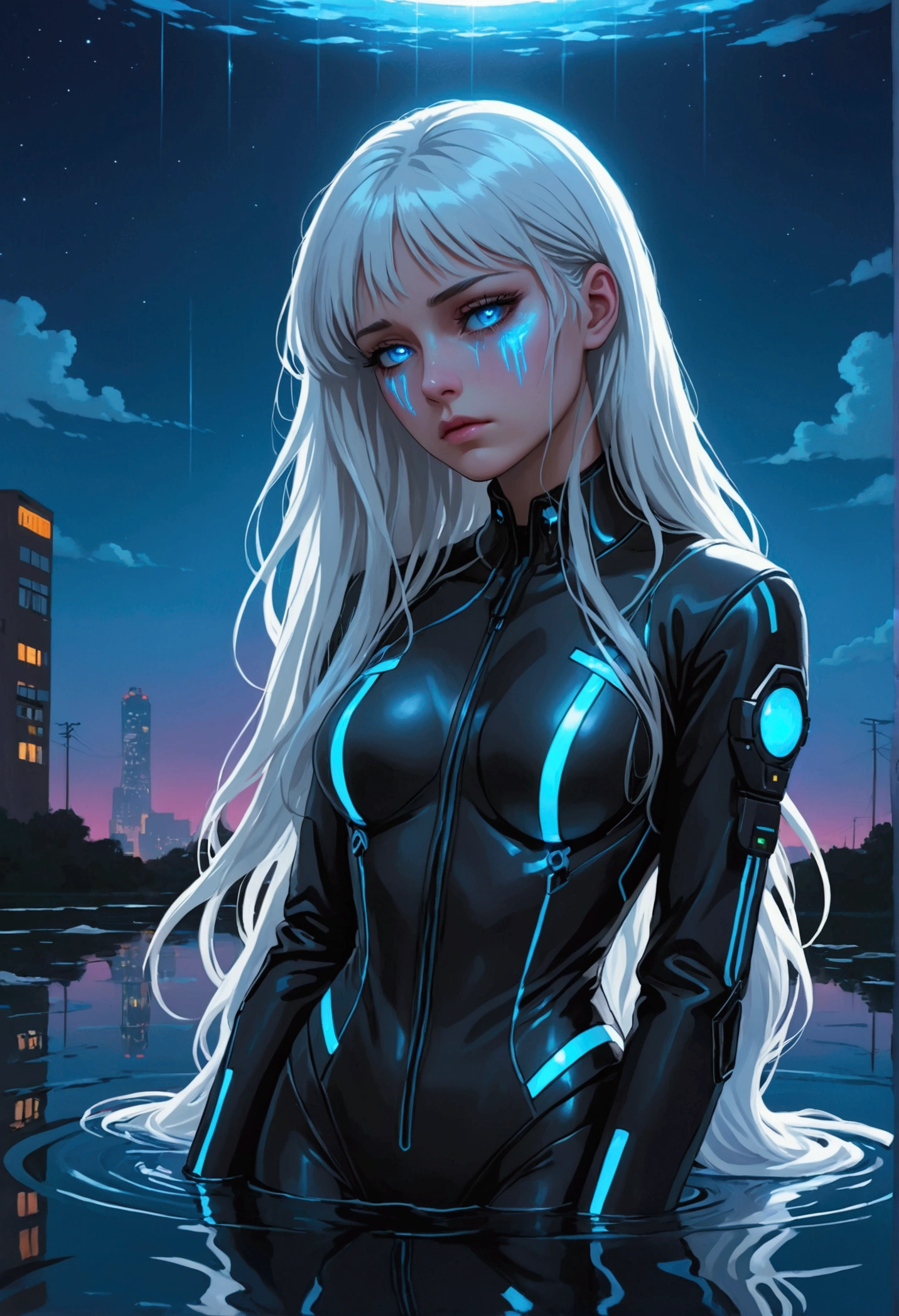 ((best quality)), ((masterpiece)), (detailed), (total body), perfect face, a beautiful woman with white long hair and a sky blue reflection, she has a tufted fringe, she has sky blue eyes, she has total black cyber suit clothes with some neon sky blue lights on it, cyber line on her face, she has a sad look, she is sad she is suffering and dying, lying in the water in a pond, in the night with skyblue lights, total body.