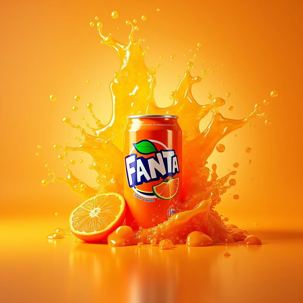 Fanta orange flavour can placed on the left in an explosion of orange juice