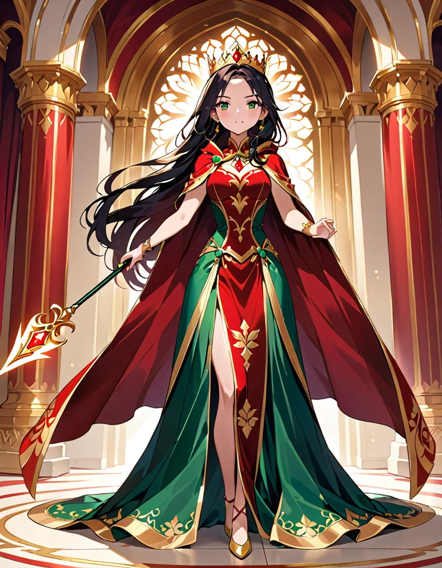 (((masterpiece, best quality, high detailed, 16k))) (1girl) A regal queen with long, flowing black hair adorned with a golden crown, and striking emerald eyes. She is dressed in a luxurious gown of deep red and gold, with intricate embroidery and a long, flowing cape. In her hand, she holds a scepter topped with a large, glowing ruby. Her expression is one of authority and wisdom. ((full body view))
