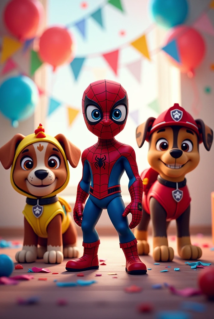 Birthday panel with Spider-Man, and two paw patrol dogs wearing spiderman and dinosaur costumes in the background