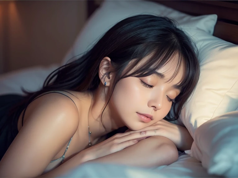(4k, RAW photo, best quality, masterpiece:1.2),japanese,1girl,black hair, realistic, lying, on side, closed eyes, short hair, dress, sleeping, indoors, bed