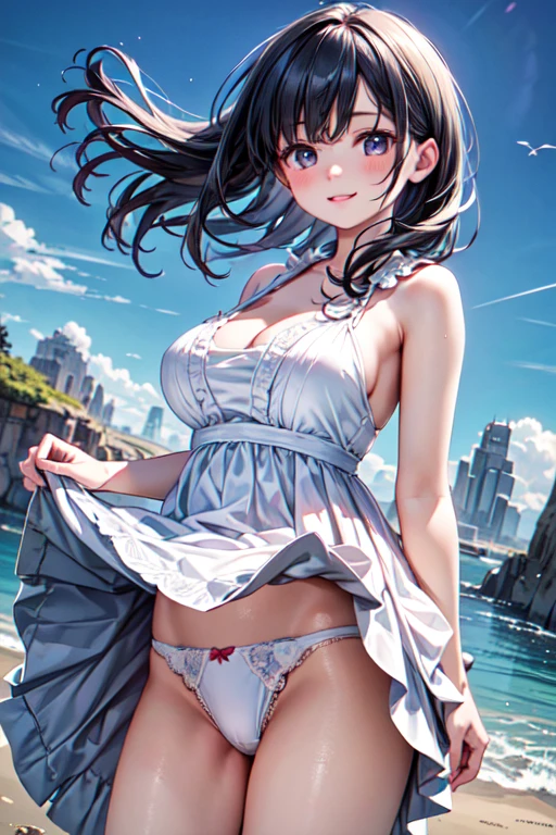 So cute and beautiful,A white summer dress with fine lace and frills,(Very detailed美しい顔),
(smile),blush,Black Hair,View your viewers,Cowboy Shot,(Skirt Lift,White panties),
Beach,Steep cliffs in the distance,
(Highest quality,masterpiece:1.2),Absurd,High resolution,Very detailed,Very detailed,32K,8k resolution,
Intricate details,Movie Scenes,Detailed Background,alone,Dynamic Angle,
Hair blowing in the wind,Beautifully detailed skies,
(Realistic),Large Breasts