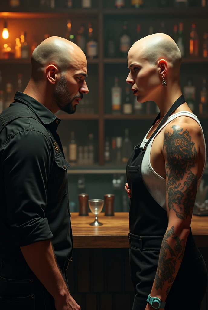 A hairless bartender fighting with another lesbian bartender because she found the bar messy