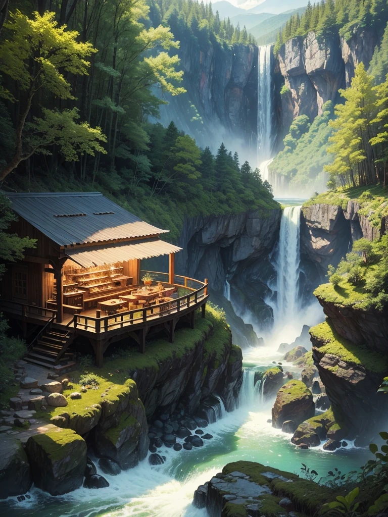 In a giant forest，masterpiece，barbecue，Super high-end ingredients，steak，waterfall，river，meat，Paradise，romantic，Drink，mysterious，Fantasy，perfection