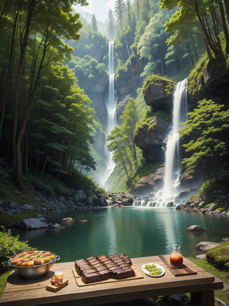 In a giant forest,masterpiece,barbecue,Super high-end ingredients,steak,waterfall,river,meat,Paradise,romantic,Drink,mysterious,Fantasy,perfection