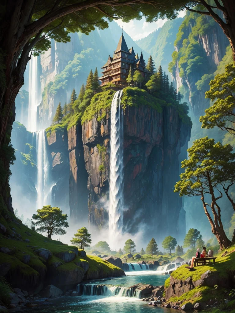 In a giant forest，masterpiece，barbecue，Super high-end ingredients，steak，waterfall，river，meat，Paradise，romantic，Drink，mysterious，Fantasy，perfection
