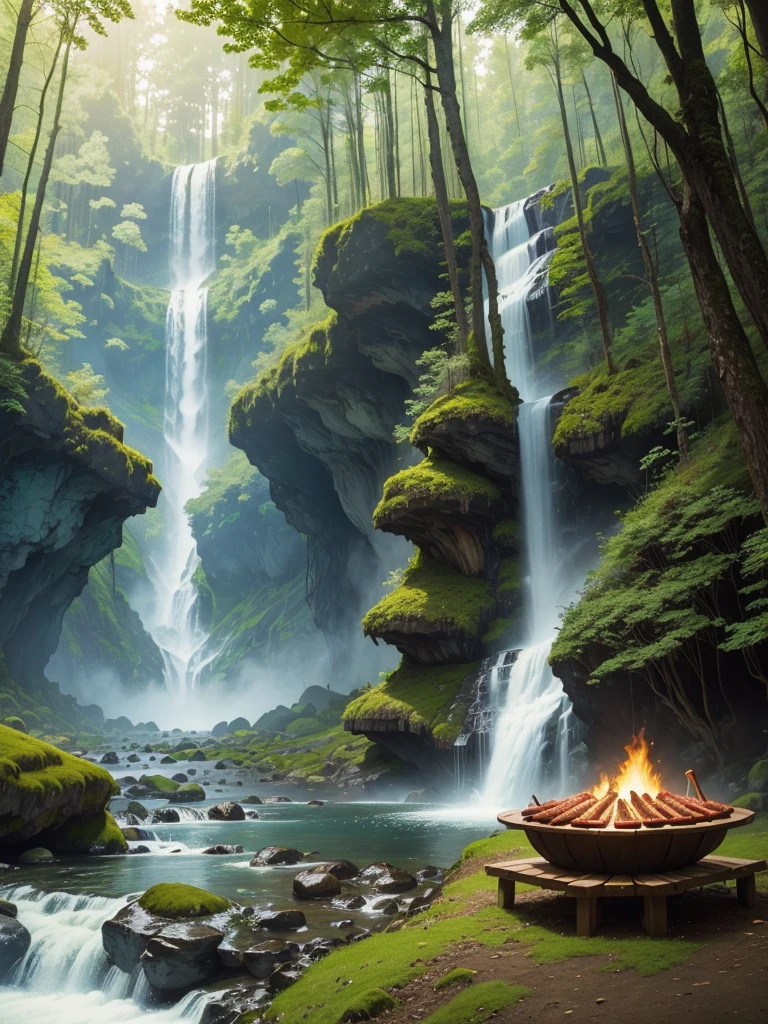 In a giant forest,masterpiece,barbecue,Super high-end ingredients,steak,waterfall,river,meat,Paradise,romantic,Drink,mysterious,Fantasy,perfection