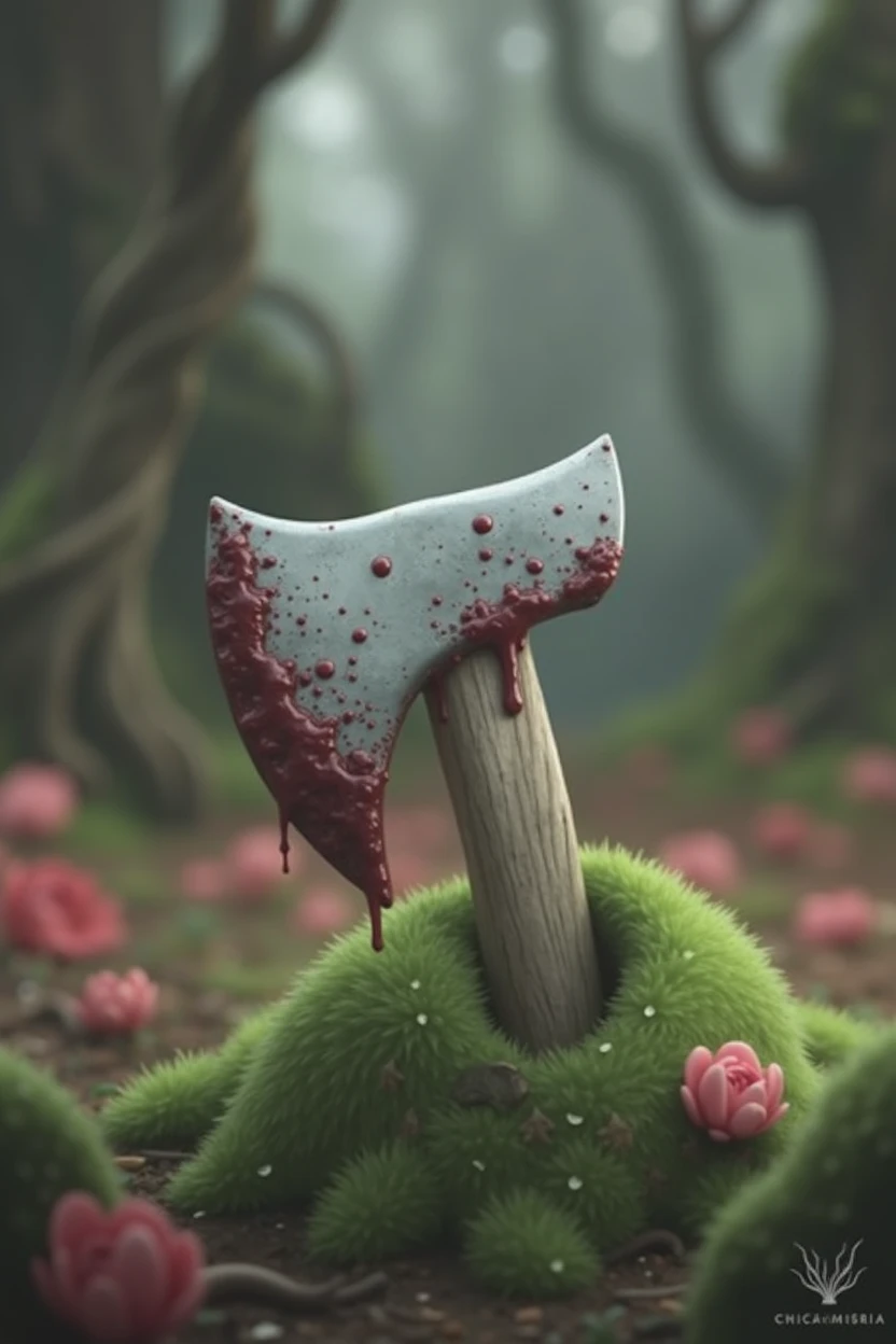 An axe stuck in a tree trunk in the middle of the forest, covered in blood