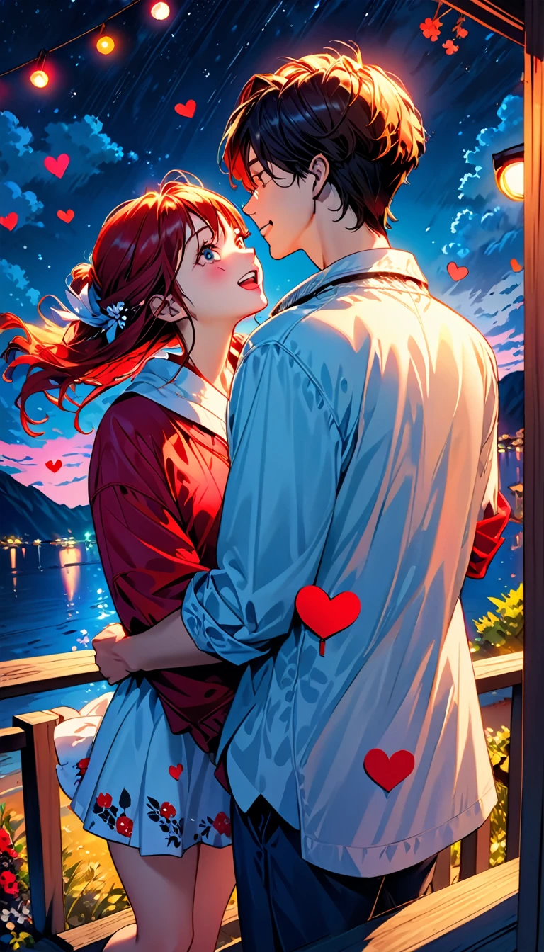 (Highest quality,Very detailed,Realistic:1.37),humor,Comic book style,Bold,Vibrant colors, Close to cool colors,Desaturate,Beautiful night view, A girl and a boy, Fun couple, Laughter, floating love,