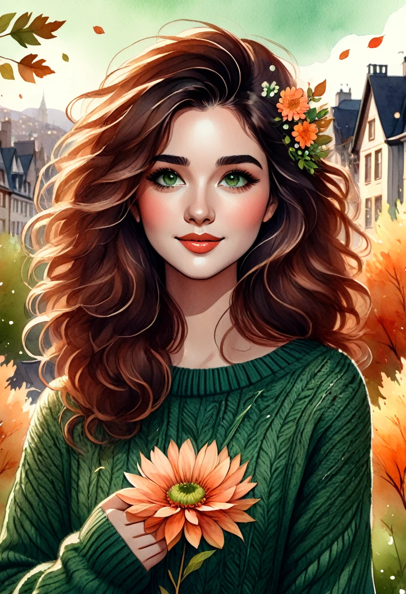 Watercolor drawing of a woman holding a flower, with wavy hair and wearing a green sweater.   Her face has an adorable floral motif, in a cute cartoon style.   The atmosphere is peaceful, with exteriors like falling leaves.   Ultra-realistic digital art with touches of fantasy, highlighting charm and beauty.