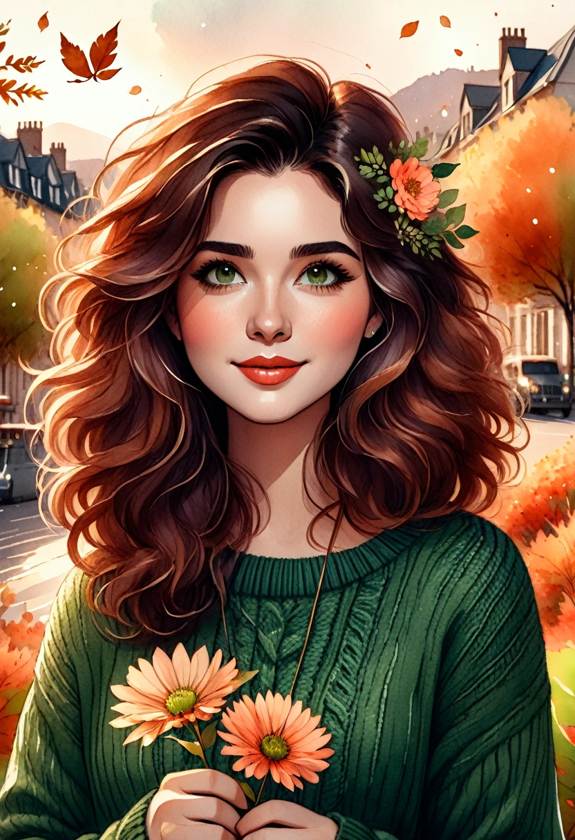 Watercolor drawing of a woman holding a flower, with wavy hair and wearing a green sweater.   Her face has an adorable floral motif, in a cute cartoon style.   The atmosphere is peaceful, with exteriors like falling leaves.   Ultra-realistic digital art with touches of fantasy, highlighting charm and beauty.