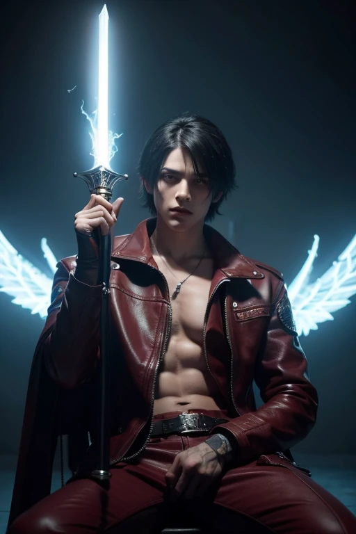 create Dante's son with Lady, Devil May Cry game design, teenager with rebellious style (with the image in the background of Dante in a demonic state facing his human version in high contrast in fade out) limbo background, Dante's son is sitting on a throne holding a lightning sword, realistic ultra, 4k, hdr, vfx, perfect hair, perfect hands, perfect facial expressions, perfect eyes, Dante's son has an aura of power around him, no anomalies, shadow realistic, perfect lights in body, badass face, perfect hair, black hair, ((stunning visual effects, ArtStation, vfx, very beautiful graphics, CG), highest quality, masterpiece, dof, artistic lighting, rimlight), RAW, best quality,extremely detailed eyes