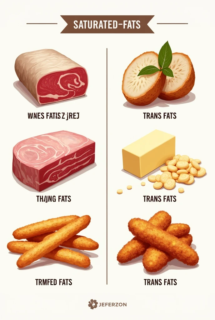 Generate me an image with all the foods that I will mention to you:
Saturated fats: Fatty meats, Mantequilla, whole dairy products.
Trans fats: Processed foods, margarines and fried foods. Also an image of these harmful foods please if there are more add them