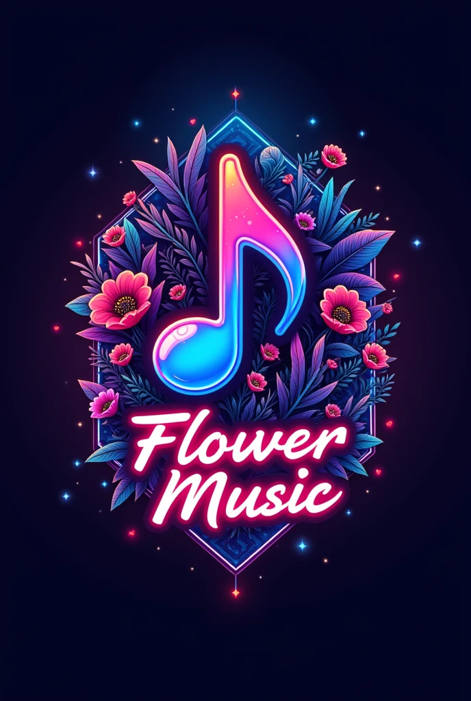 A logo musical note center and flower and pattern around. Background Neon and text “ Flower Music “ MUSIC font cool