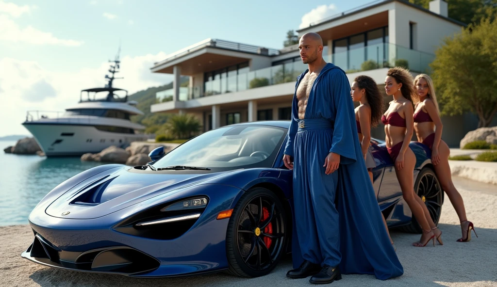 CREATE AN ULTRAREALISTIC IMAGE showing a BALD young wizard next to a yacht with luxurious sports cars, with women leaning against cars on all fours, BEAUTIFUL PARKED NEXT TO DOLLARS NEXT TO, convey depth, IN THE BACKGROUND A BEAUTIFUL MANSION with modern architecture, WITH 3 elegant WOMEN with sinuous curves and dressed in tight, short dresses. NEXT TO THE FERRARI A HANDSOME YOUNG WIZARD IN BLUE CLOTHES AND FULL OF JEWELS, PERFECT WIZARD HANDS WITH 5 FINGERS. Emphasize richness and sensuality, show a lake next to it with yacht