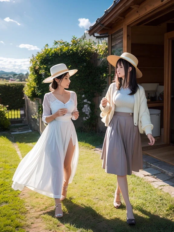 Pastel tones、High definition、Anime-like、Gentle Hills、High and blue sky、A shining white cumulonimbus cloud、(A wide-brimmed hat, silver hair, long skirt and cardigan)With the lady(Classical maid outfit)maid、Two women walking together