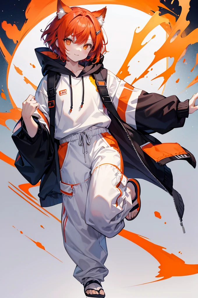 Full body portrait,front,male Red Hair,Short hair,Orange Eyes,Dog ears,,About,White hoodie outfit,Mouth open,smile,Moe sleeves,Pause