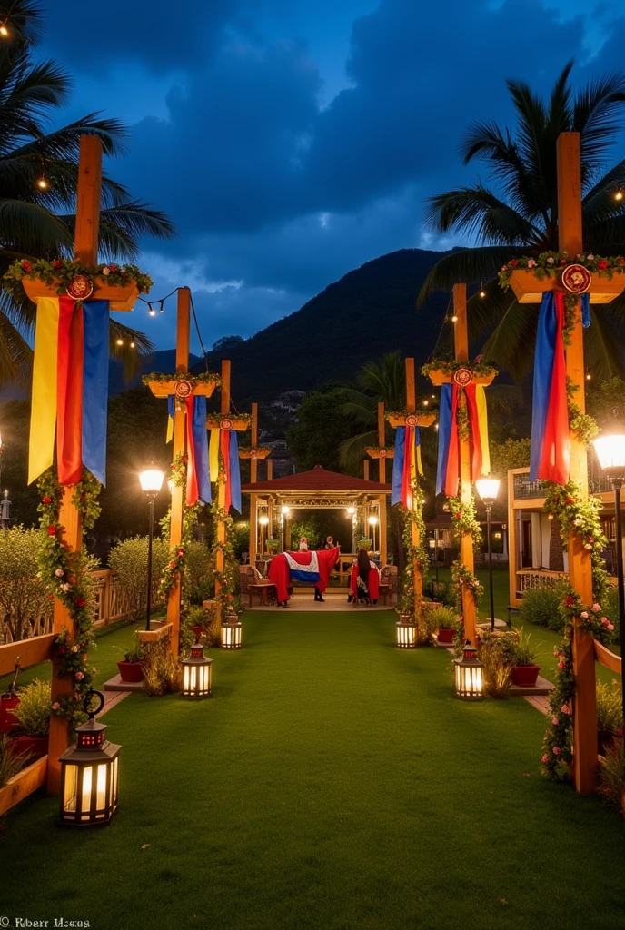 **Outdoor Area of the Monte Verde Resort with Cavalhada Theme:**

- **General Environment:** The large grassy area of Estância Monte Verde is decorated with a Cavalhada theme, offering a festive and authentic atmosphere. The lawn is meticulously maintained, providing an elegant base for decoration.

- **Decoration Around the Lawn:** The perimeter of the lawn is adorned with wooden stakes decorated with colorful red flags., azul e amarelo, that evoke the theme of the Cavalhada. Additional stakes are adorned with shields and traditional symbols, creating a vibrant and themed atmosphere. Additional flower arches and ribbons accentuate the festive and elegant ambiance.

- **Horse Enclosure:** On a section of lawn, the horse enclosure is strategically placed to add an authentic touch to the environment. The wooden fence is decorated with details that match the Cavalhada theme. The horses, with themed blankets and accessories, mail tranquilamente, offering a charming look and integrated into the festive setting.

- **Lighting and Details:** As Night Approaches, the area is lit by elegant lanterns and string lights positioned along the edges of the lawn and near the fence. Soft lighting highlights the themed decor and creates a cozy, magical atmosphere, perfect for guests to enjoy the celebration.
