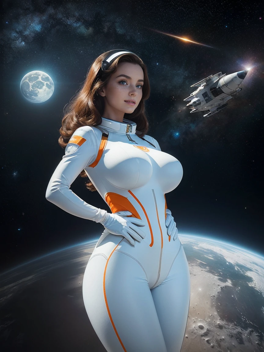 (masterpiece, top quality, best quality, official art, beautiful and aesthetic:1.2), (1girl:1.3), light freckles, fair skin, extremely detailed, portrait, looking at viewer, solo, (full body:0.6), detailed background, close up, (bright space pinup theme:1.1), busty 1950's pinup brunette space girl, charlatan, smiling, happy, mysterious, spacewalk, modest attire, white and orange space suit, spacesuit, helmet, bodysuit, ray gun, long boots, pouches, jetpack, glass helmet, rocket ship, ((((narrow hips, slim sexy body, gigantic breasts)))), slim waist, slim hips, long legs, futuristic (moon exterior:1.1) background, dark mysterious lighting, shadows, magical atmosphere, dutch angle,
