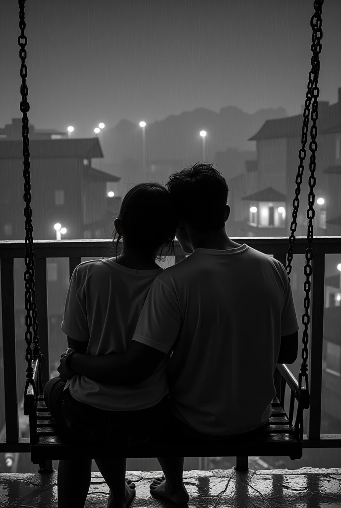 Couple in balcony, in rainy night, village on, sitting on one swing chair, wife in godi of husband, in one tshirt of her husband. In black and white
