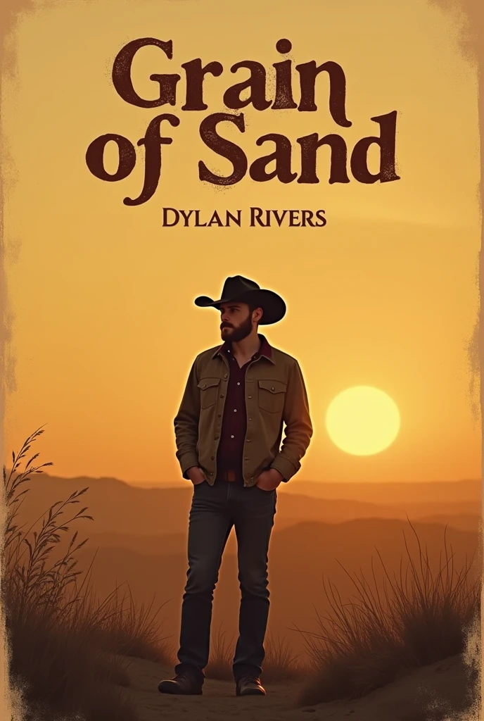 Cover for the song "Grain of Sand" de Dylan Rivers, red-haired folk artist with short beard and cowboy hat. The image shows a vast horizon and a setting sun. The rustic-style title font and soft lettering complement the song's intimate aura.. Dylan Rivers in the background, contemplating the small fragment. The earthy and golden color palette conveys the simplicity and beauty of nature.