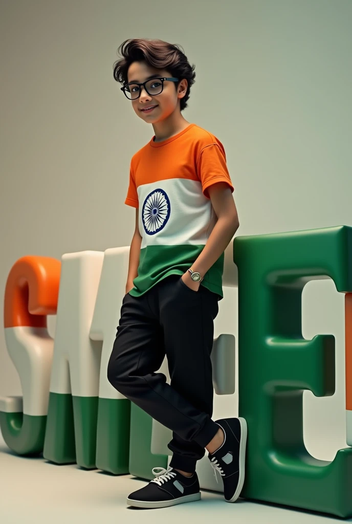 Generate a realistic image of a 16 year old boy with wavy hair, glasses, sneakers, wearing a t-shirt with the Indian flag colors (saffron on top, white in the middle, green at the bottom) and black joggers. He is leaning on a large 3D ‘Sameer’ painted like the Indian flag with the Ashoka Chakra. Use soft cinematic lighting and a gradient background.