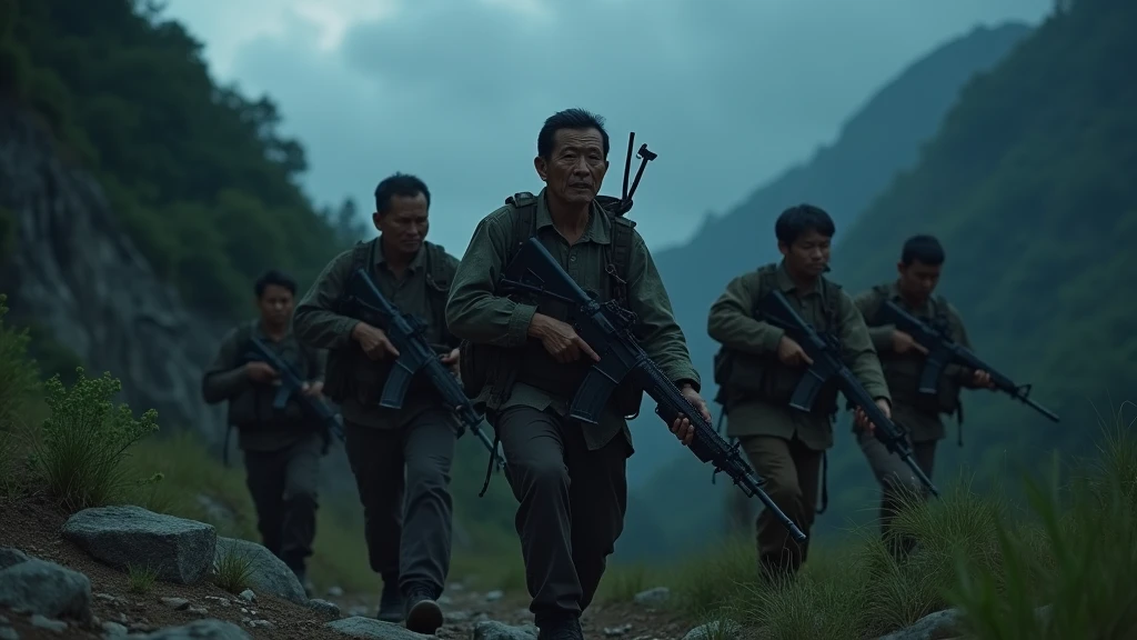 5 Thai men around 40 years old walking in the on the mountain and on their hand holding guns at night 8k  