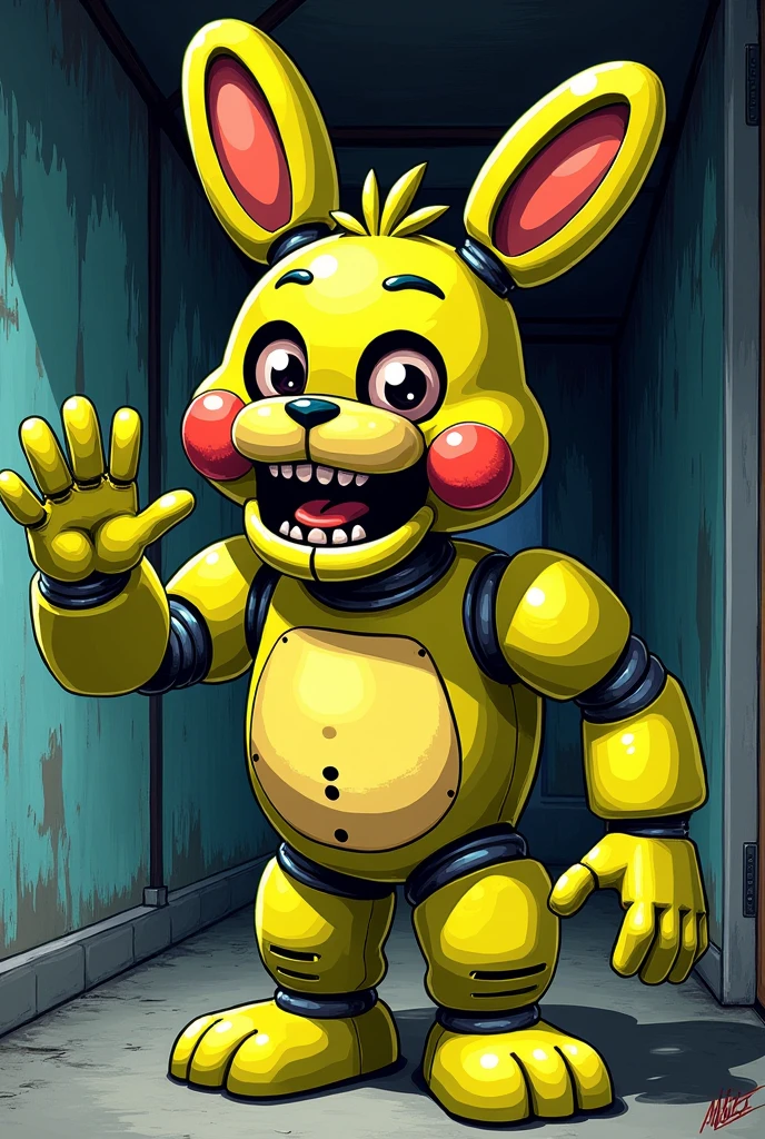 80's style anime drawing, general camera shot, springtrap fnaf, of a greenish yellow rabbit, humanoid, animatronic, with a very sinister expression, which the animatronic, who is waving worse has a macabre expression.