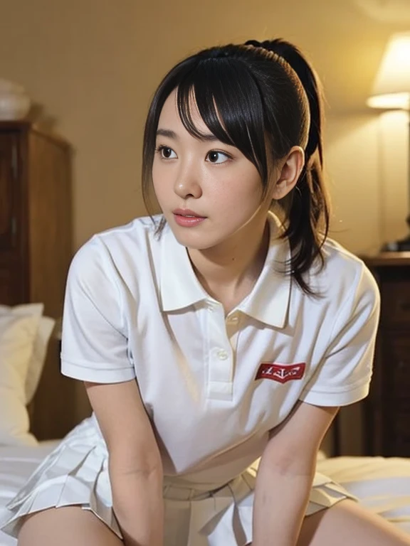 (Masterpiece, Best quality:1.3), (Ultra realistic:1.2), Natural light, 28 years old actress, Japanese women, Neat and clean, (White tennis uniform, White short-sleeve polo shirt with darknavy line collar:1.1), (unbutton:1.3), (White pleated skirt:1.1), white sock, (ponytail:1.3), short wavy hair, (Beautiful face), Oval face, clear, Beautiful eyes, Kind eyes, Clear skin, Small face, Beautiful mouth, Small mouth, Natural makeup, Approachable, (nsfw:1.1), Seductive, (Seductive pose:1.2), (Beautiful thighs:1.1), (Bedroom eyes:1.1), Embarrassed, Blush, Luxury hotel Suite room, On bed, Hidden camera installed in suite room captures obscene reality of girls high school, lesbian couple , girls petting together Pussy, grabbing crotch together, girls erotic hag, (arms behind back: 1.1), shibari, Bedroom eyes,