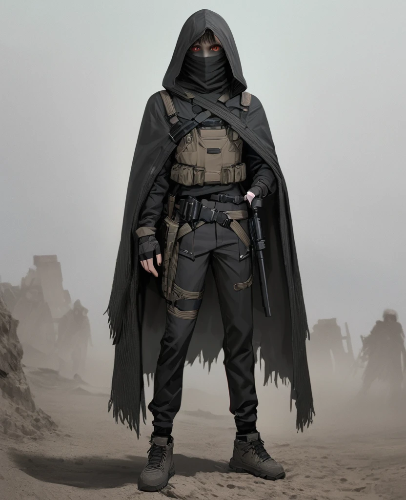 masterpiece, best quality, realistic, 1man, 21 years old, eyes visable, masculine features, fit, looking worn down, albino man, albino skin, pale skin, kevlar armor (like swat), Post-apocalypse, doomsday wasteland style, fingerless gloves, gloves, belt, full body, armor, standing, simple background, military kit, mask that covers his lower face, slight cowboy aesthetic mixed with modern aesthetic, full modern body armor, wearing poncho, red eyes, revolver holstered on hip, head wrapping, goggles on head, Death Gun from “Sword Art Online”, Cad Bane from “Star Wars”, thin, intimidating, gun on hip (revolver), terrorist, hood, cloak