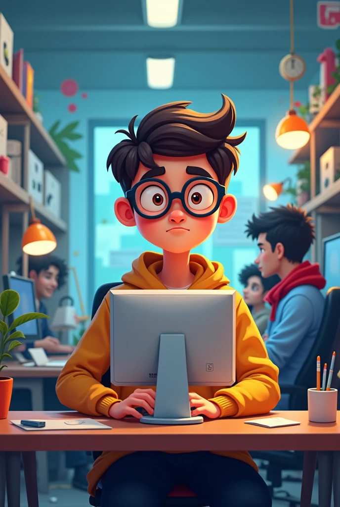 Book Cover of A Cubicle Office at a Tech Company. Lucas is sitting in front of his computer. disney style