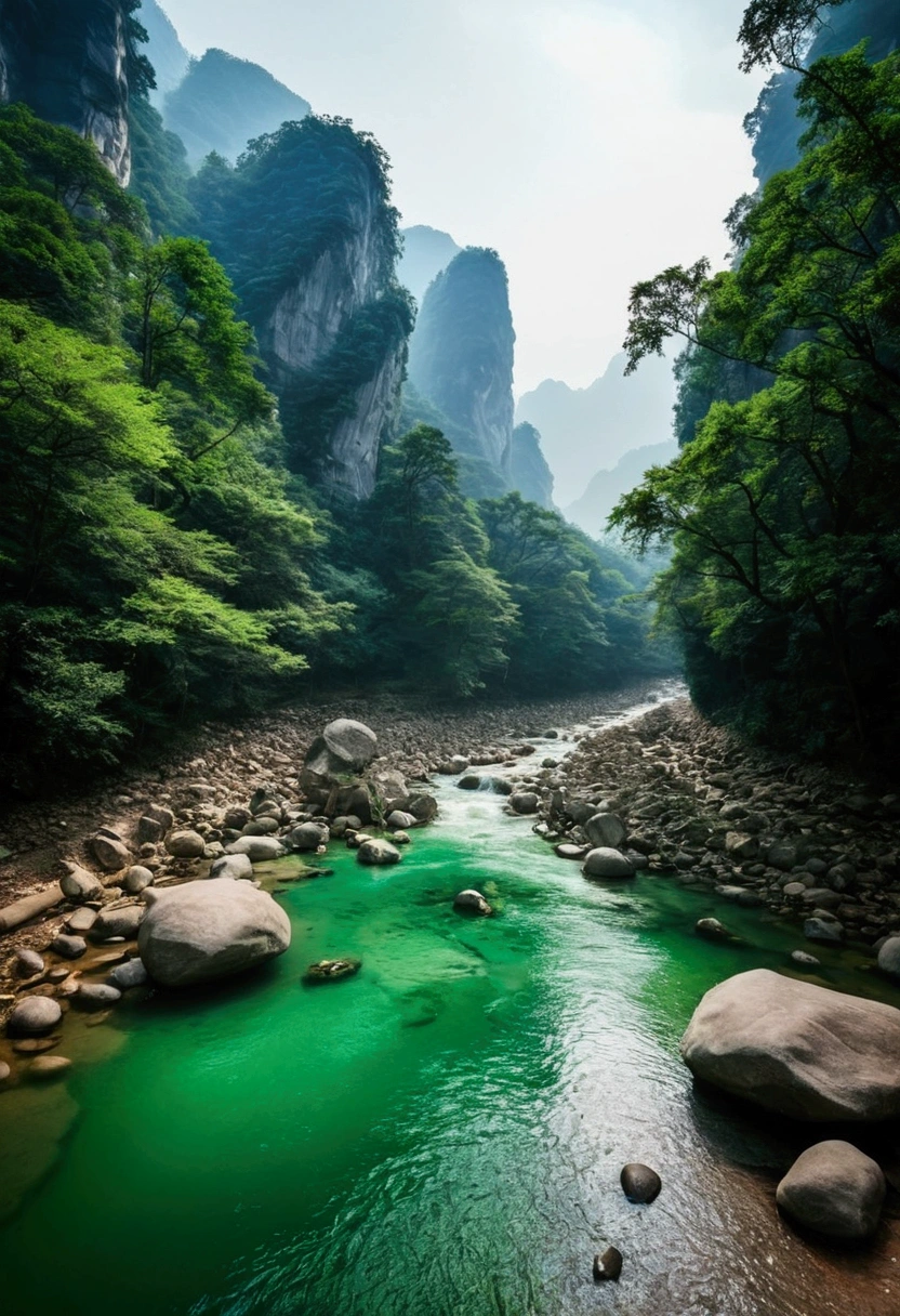Taking photos in the creek，The stream is flowing，The stream is clear，There is a mountain at one end of the stream，Stone Mountain in Zhangjiajie,Clouds and mist，Unified emerald green tone，Cinematic color grading