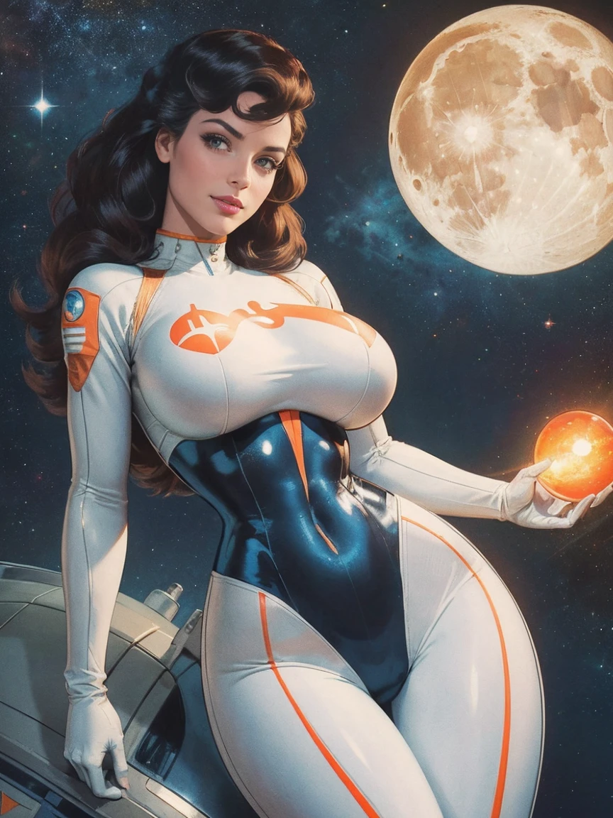 (masterpiece, top quality, best quality, official art, beautiful and aesthetic:1.2), (1girl:1.3), light freckles, fair skin, extremely detailed, portrait, looking at viewer, solo, (full body:0.6), detailed background, close up, (bright space pinup theme:1.1), busty 1950's pinup brunette space girl, charlatan, smiling, happy, mysterious, spacewalk, modest attire, white and orange space suit, spacesuit, helmet, bodysuit, ray gun, long boots, pouches, jetpack, glass helmet, rocket ship, ((((narrow hips, slim sexy body, gigantic breasts)))), slim waist, slim hips, long legs, futuristic (moon exterior:1.1) background, dark mysterious lighting, shadows, magical atmosphere, dutch angle,