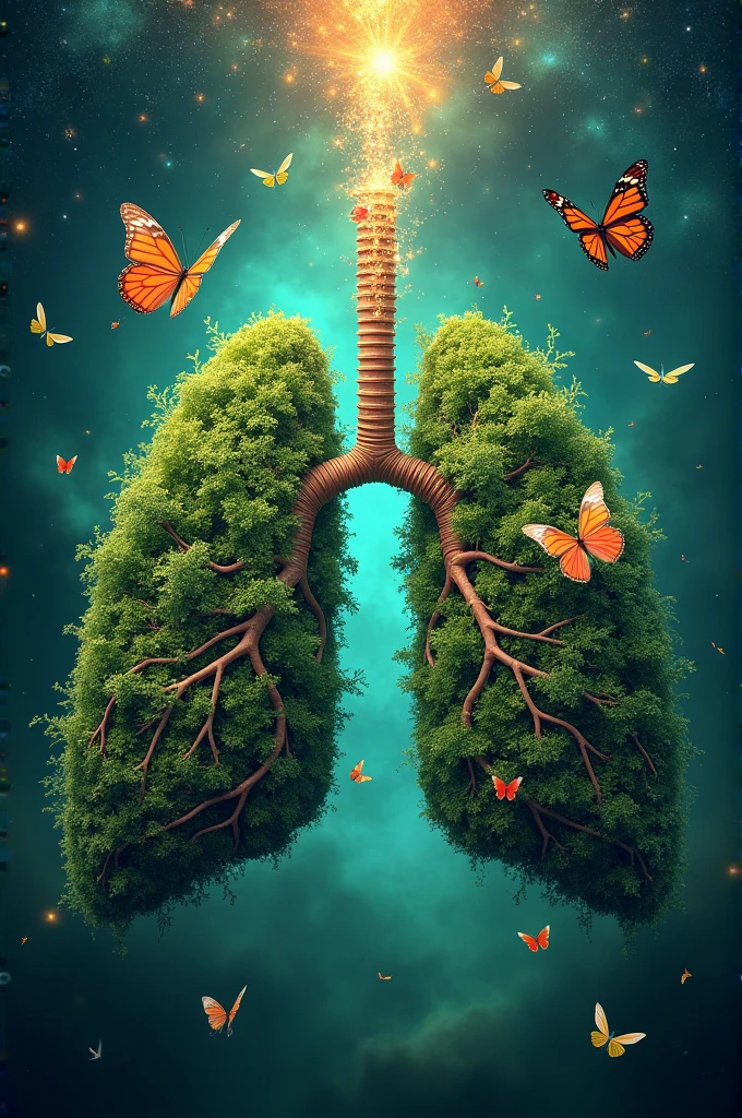 Hello! I need an image of planet Earth as a lung of the universe. I would like this lung to be very flowery and alive with forest green tones..
Butterflies and birds fly around.