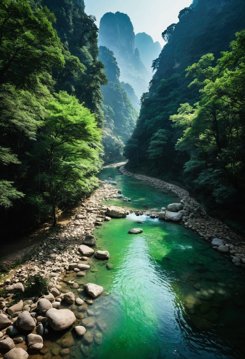 Taking photos in the creek，The stream is flowing，The stream is clear，There is a mountain at one end of the stream，Stone Mountain in Zhangjiajie,Clouds and mist，Unified emerald green tone，Cinematic color grading