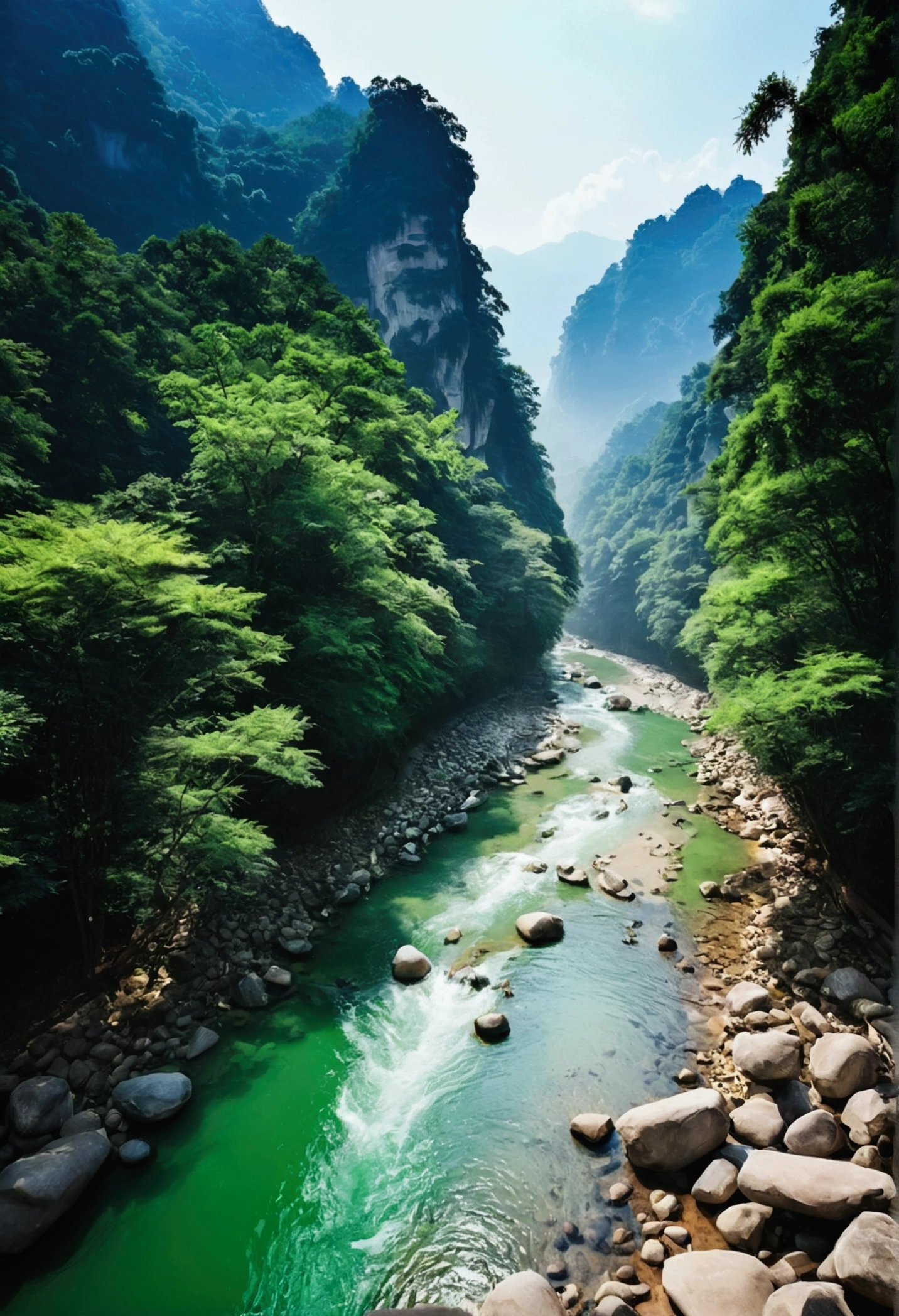 Taking photos in the creek,The stream is flowing,The stream is clear,There is a mountain at one end of the stream,Stone Mountain in Zhangjiajie,Clouds and mist,Unified emerald green tone,Cinematic color grading