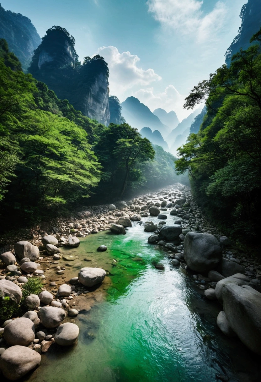 Taking photos in the creek，The stream is flowing，The stream is clear，There is a mountain at one end of the stream，Stone Mountain in Zhangjiajie,Clouds and mist，Unified emerald green tone，Cinematic color grading