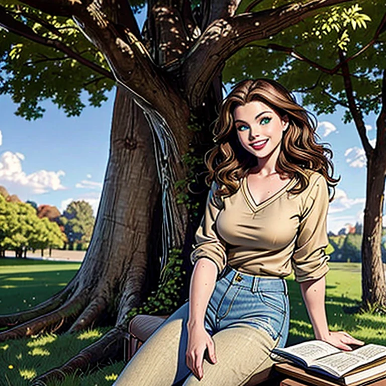 work of art, best qualityer, ultra detali), Portrait of an 18 year old woman with light brown hair, rolled green eyes, beige blouse and jeans smiling and blue shorts singing under a tree (leaning against the tree) and reading a brown book -ultra realistic auto-  