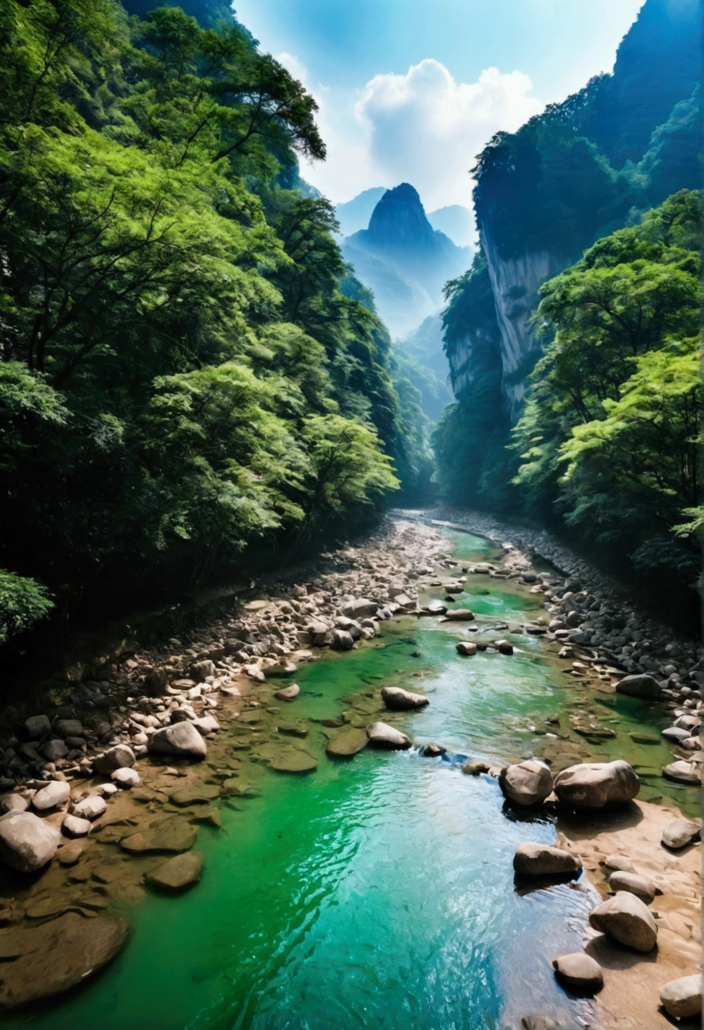 Taking photos in the creek，The stream is flowing，The stream is clear，There is a mountain at one end of the stream，Stone Mountain in Zhangjiajie,Clouds and mist，Unified emerald green tone，Cinematic color grading