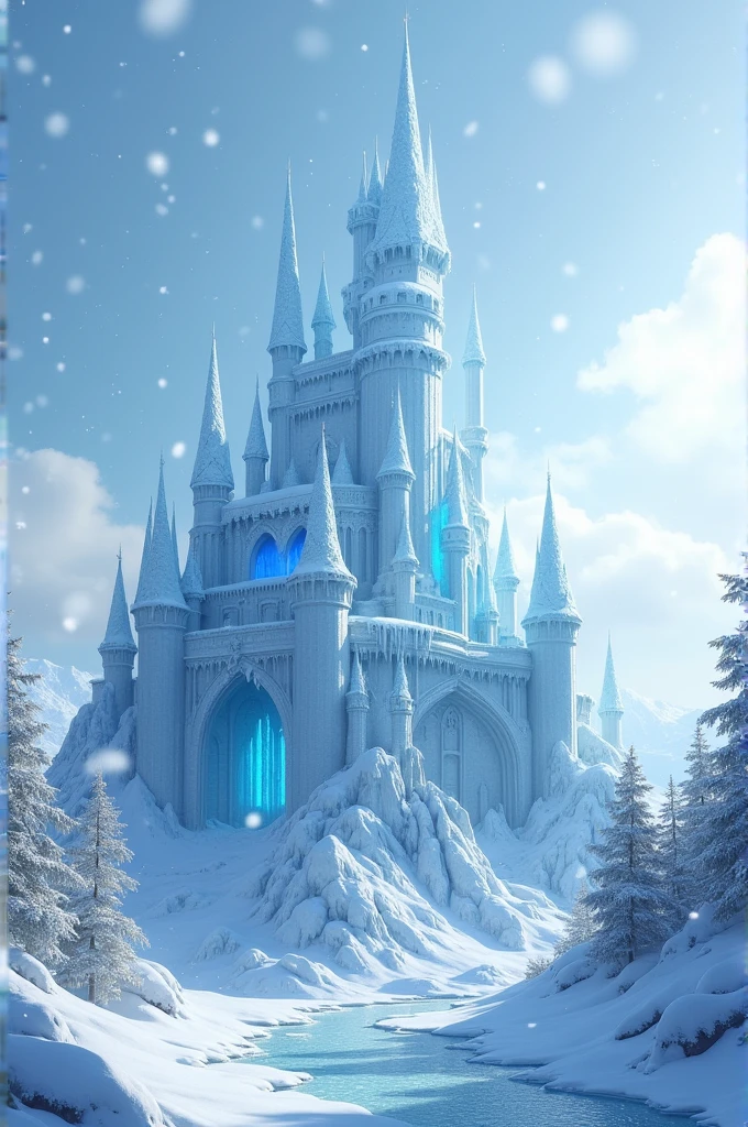 An ice castle with snow around it and falling from the sky, with cold touches and a bit of blue