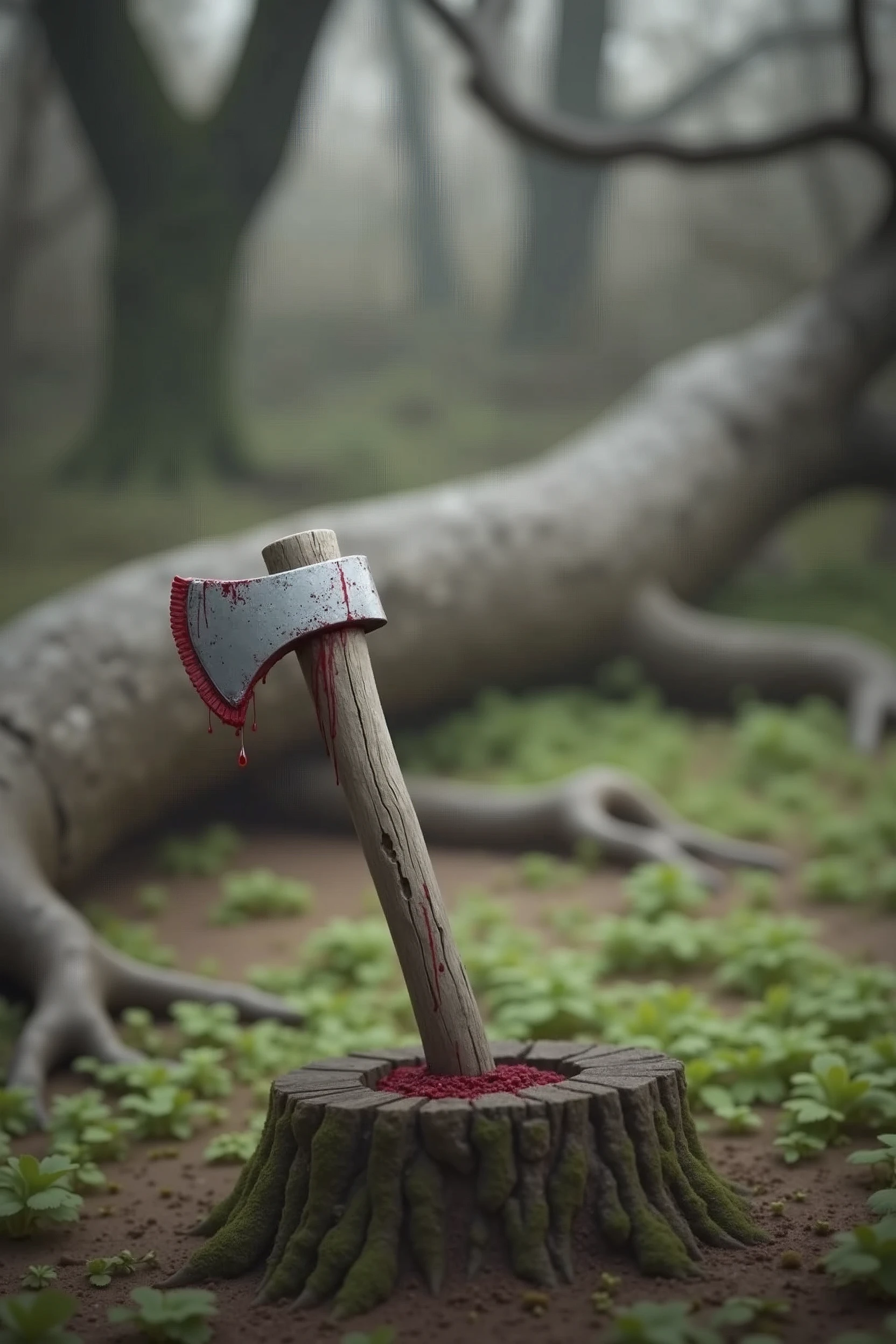 An axe stuck in a tree trunk in the middle of the forest, covered in blood