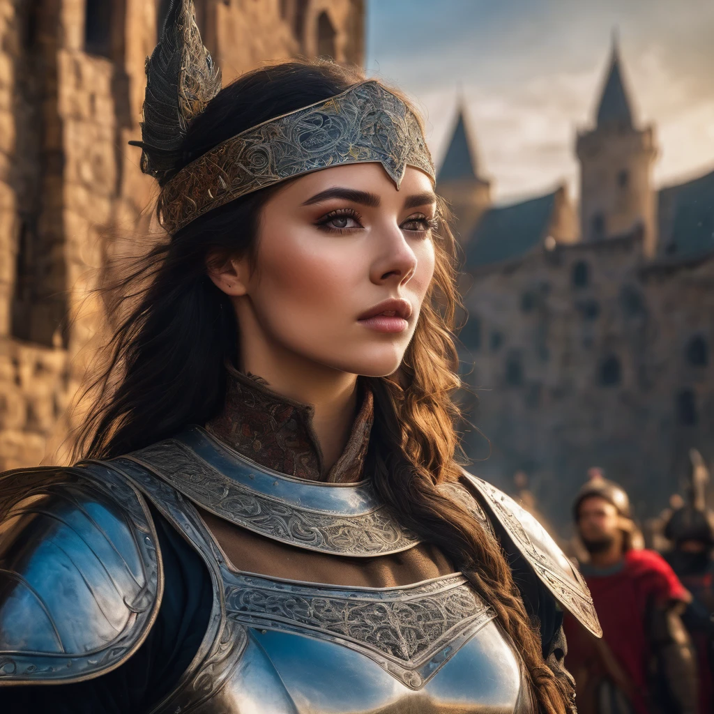 a detailed portrait of a heroic warrior woman in the style of honor of kings, beautiful detailed eyes, beautiful detailed lips, extremely detailed face and features, long eyelashes, detailed armor, medieval fantasy, cinematic lighting, dramatic pose, epic, highly detailed, 8k, photorealistic, dramatic colors, vibrant, glowing