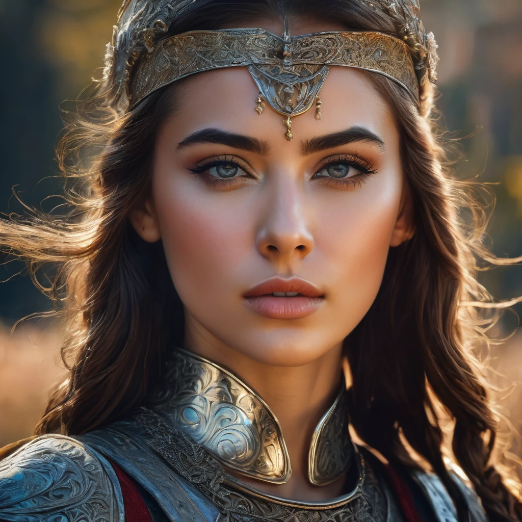 a detailed portrait of a heroic warrior woman in the style of honor of kings, beautiful detailed eyes, beautiful detailed lips, extremely detailed face and features, long eyelashes, detailed armor, medieval fantasy, cinematic lighting, dramatic pose, epic, highly detailed, 8k, photorealistic, dramatic colors, vibrant, glowing