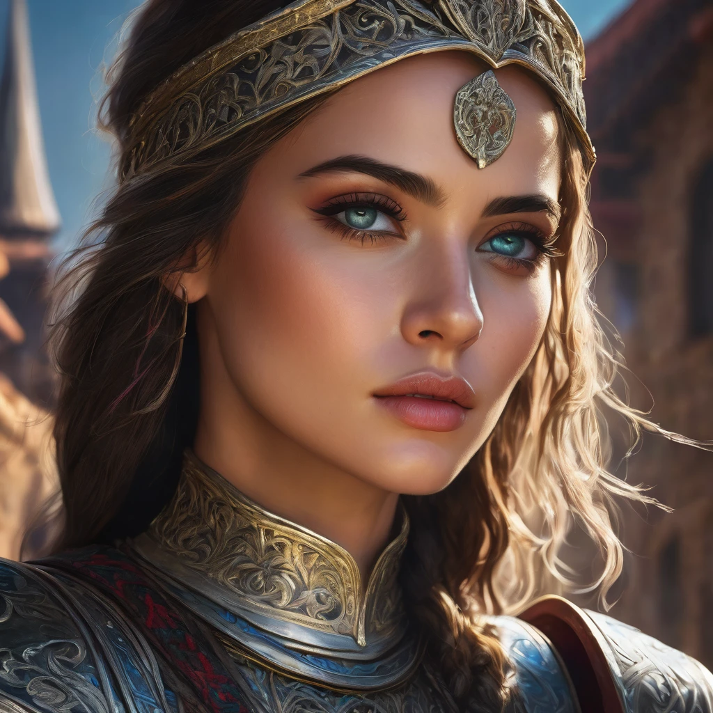 a detailed portrait of a heroic warrior woman in the style of honor of kings, beautiful detailed eyes, beautiful detailed lips, extremely detailed face and features, long eyelashes, detailed armor, medieval fantasy, cinematic lighting, dramatic pose, epic, highly detailed, 8k, photorealistic, dramatic colors, vibrant, glowing