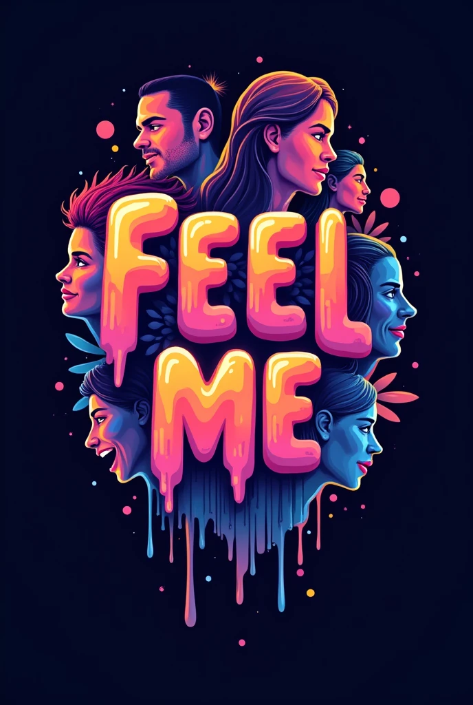 Please make me a logo that says feel me, where the letters look like they are vibrating and that vibration is noticeable with emotional faces around it so that the emotions are more pronounced. 