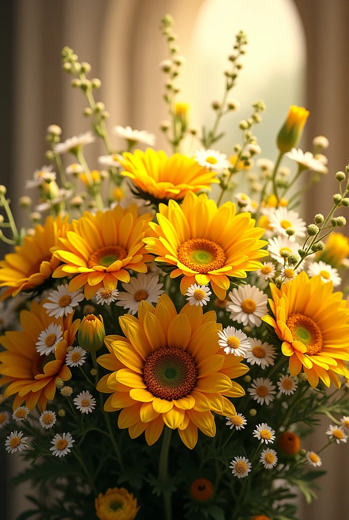 A lush flower arrangement for the day of the Assumption with sunflower, yellow gerbera, white and yellow daisy and coludo could see the full image
